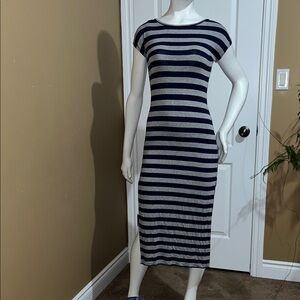 Navy and Gray Striped Midi Dress - Casual Crewneck